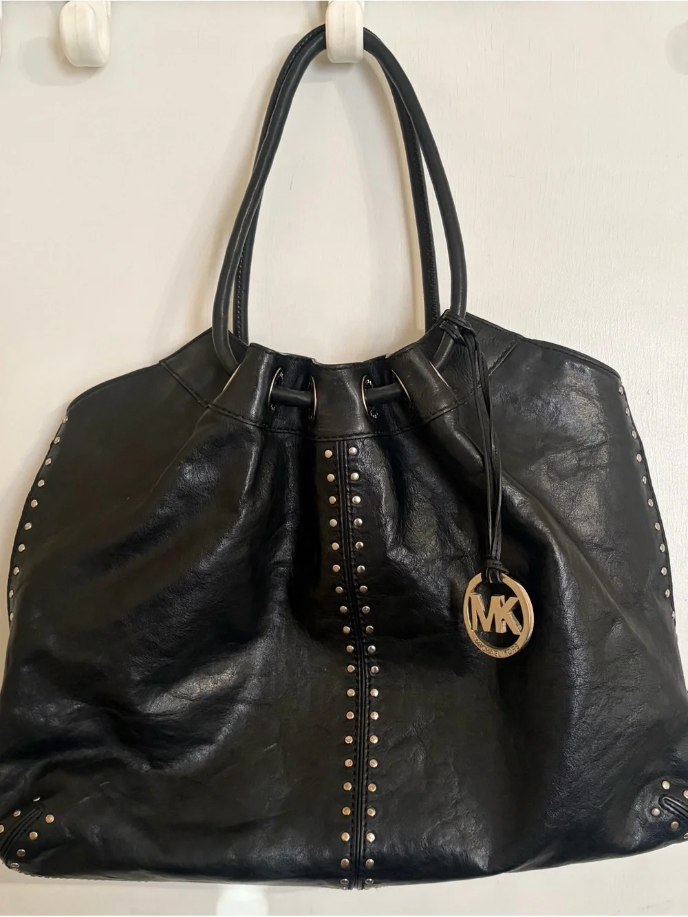 Michael Kors Black Leather Studded Tote with MK Charm